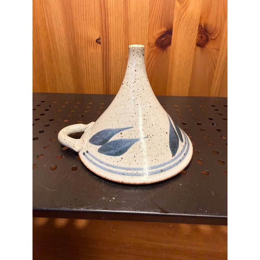 Studio Pottery Funnel Vessel Blue Leaf Design Speckled Glaze 4" Tall